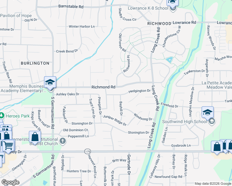 map of restaurants, bars, coffee shops, grocery stores, and more near 7465 Hedgington Drive in Memphis
