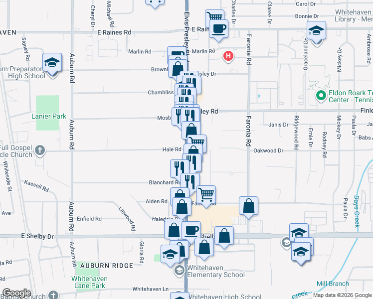 map of restaurants, bars, coffee shops, grocery stores, and more near Elvis Presley Blvd & Hale Rd in Memphis