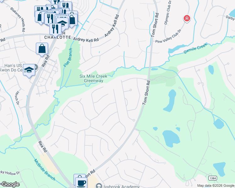 map of restaurants, bars, coffee shops, grocery stores, and more near 113 Belvedere Lane in Waxhaw
