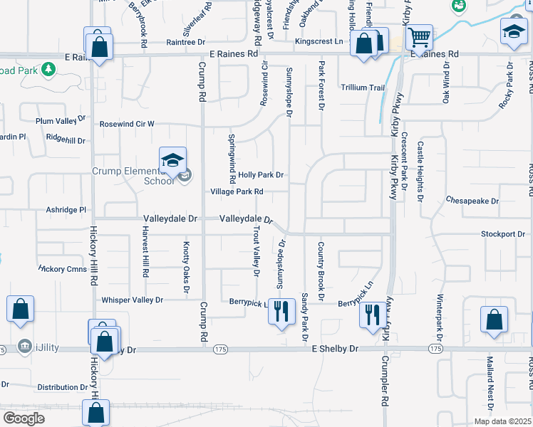 map of restaurants, bars, coffee shops, grocery stores, and more near 6227 Valleydale Drive in Memphis