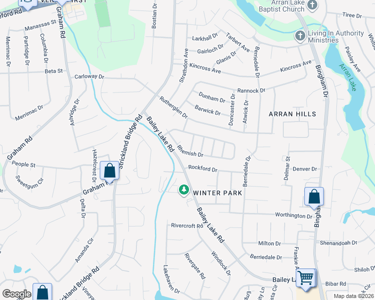 map of restaurants, bars, coffee shops, grocery stores, and more near 6467 Rhemish Drive in Fayetteville