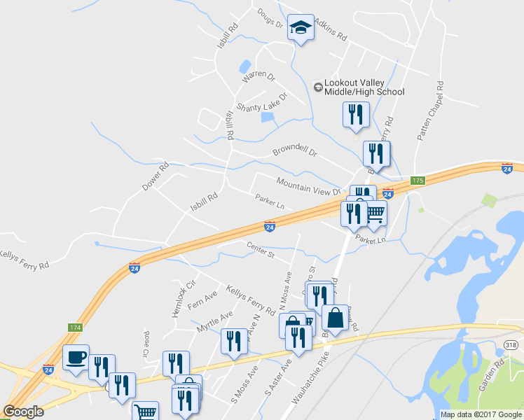 map of restaurants, bars, coffee shops, grocery stores, and more near 3328 Parker Lane in Chattanooga