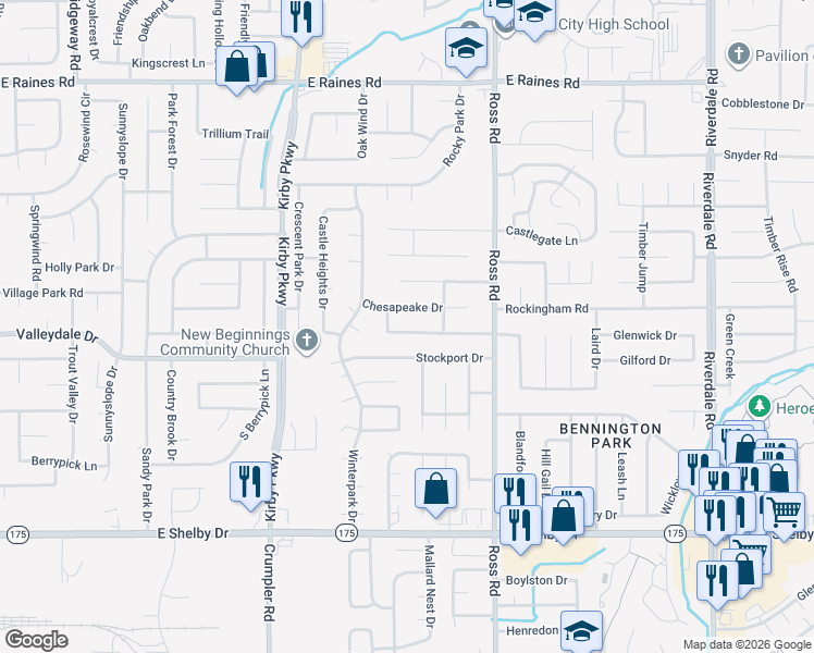 map of restaurants, bars, coffee shops, grocery stores, and more near 6594 Beaverlodge Drive in Memphis