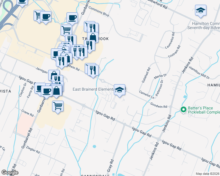 map of restaurants, bars, coffee shops, grocery stores, and more near 2019 Igou Crossing Drive in Chattanooga
