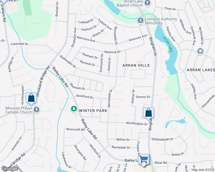 map of restaurants, bars, coffee shops, grocery stores, and more near 1630 Berriedale Drive in Fayetteville
