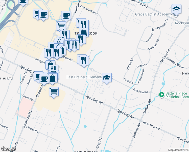 map of restaurants, bars, coffee shops, grocery stores, and more near 2019 Igou Crossing Drive in Chattanooga