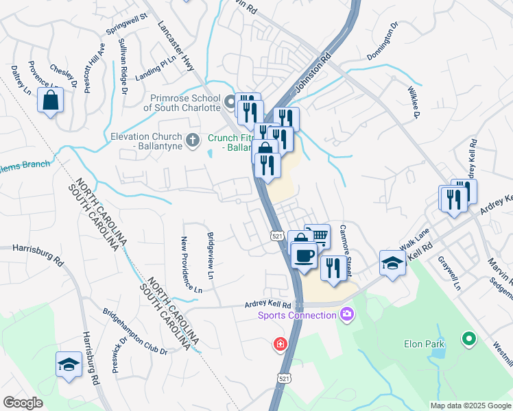 map of restaurants, bars, coffee shops, grocery stores, and more near 12022 Elizabeth Madison Court in Charlotte