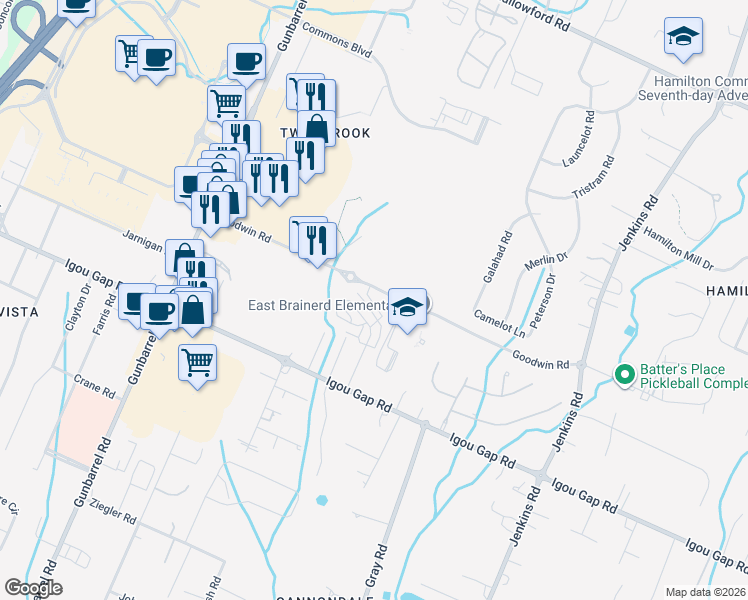 map of restaurants, bars, coffee shops, grocery stores, and more near 2019 Igou Crossing Drive in Chattanooga