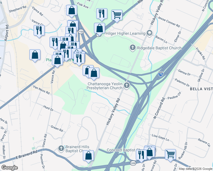 map of restaurants, bars, coffee shops, grocery stores, and more near 6702 Northside Drive in Chattanooga