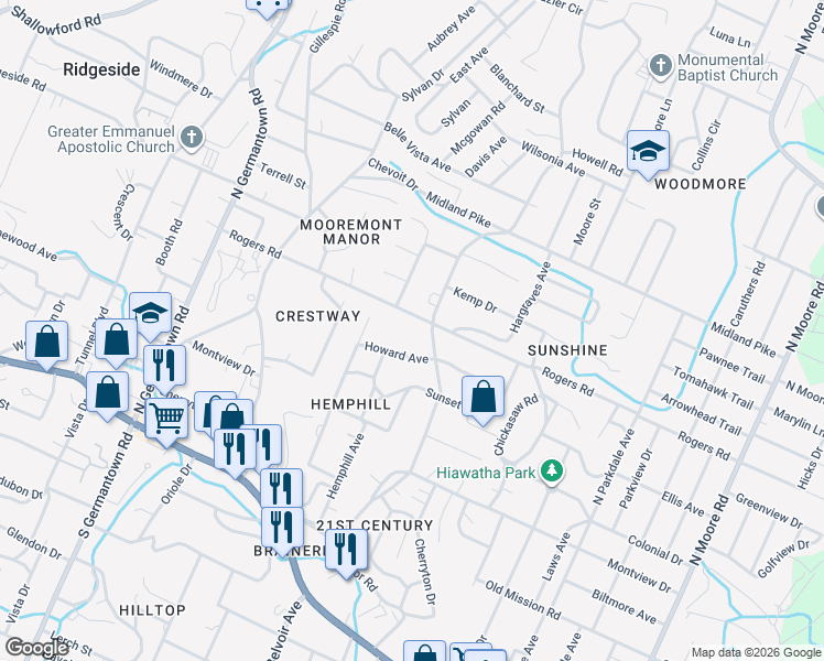 map of restaurants, bars, coffee shops, grocery stores, and more near in Ridgeside