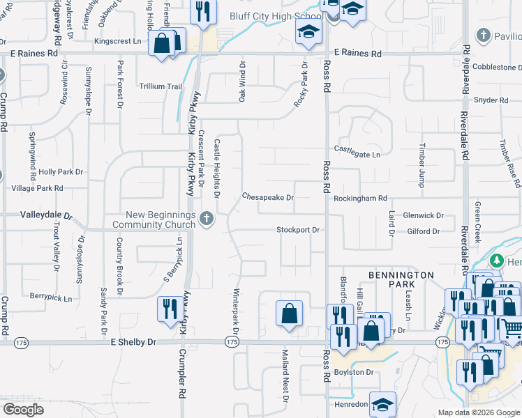 map of restaurants, bars, coffee shops, grocery stores, and more near 6577 Beaverlodge Drive in Memphis