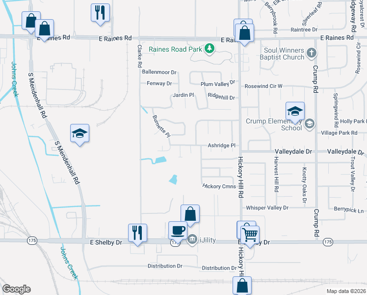 map of restaurants, bars, coffee shops, grocery stores, and more near 4469 Ashridge Cove in Memphis
