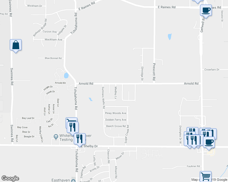 map of restaurants, bars, coffee shops, grocery stores, and more near 4464 Medley Lane in Memphis