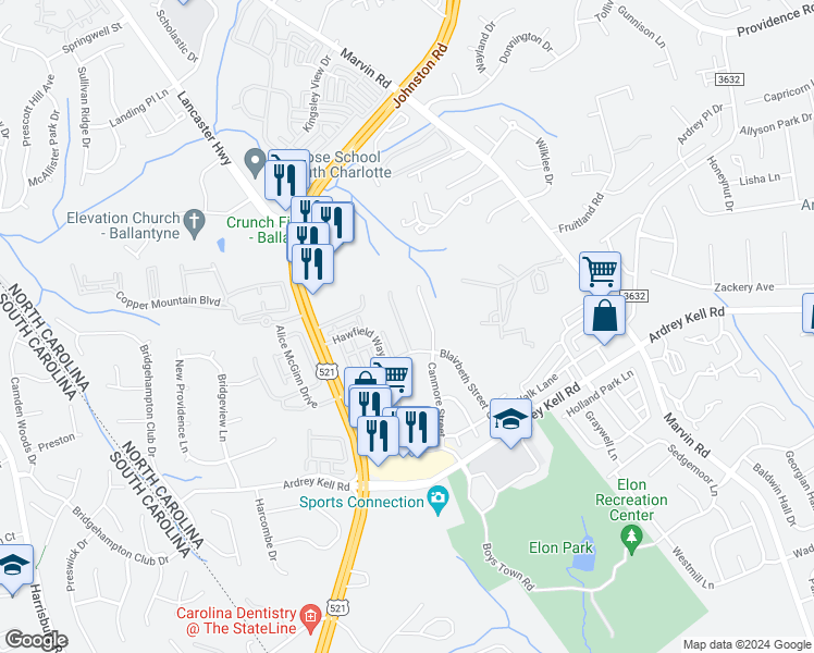 map of restaurants, bars, coffee shops, grocery stores, and more near 16213 Annahill Court in Charlotte