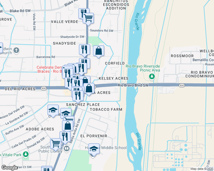 map of restaurants, bars, coffee shops, grocery stores, and more near New Mexico 500 in Albuquerque