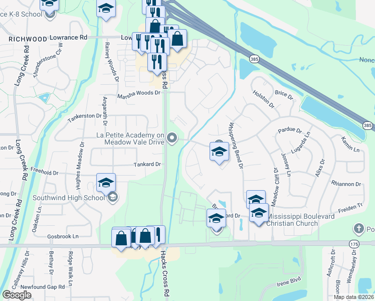 map of restaurants, bars, coffee shops, grocery stores, and more near 4473 Lunsford Drive in Memphis