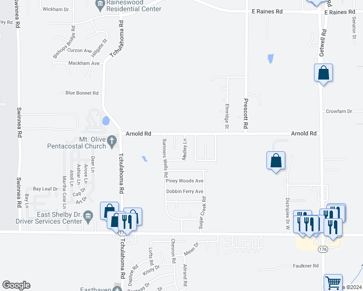 map of restaurants, bars, coffee shops, grocery stores, and more near 4445 Medley Lane in Memphis