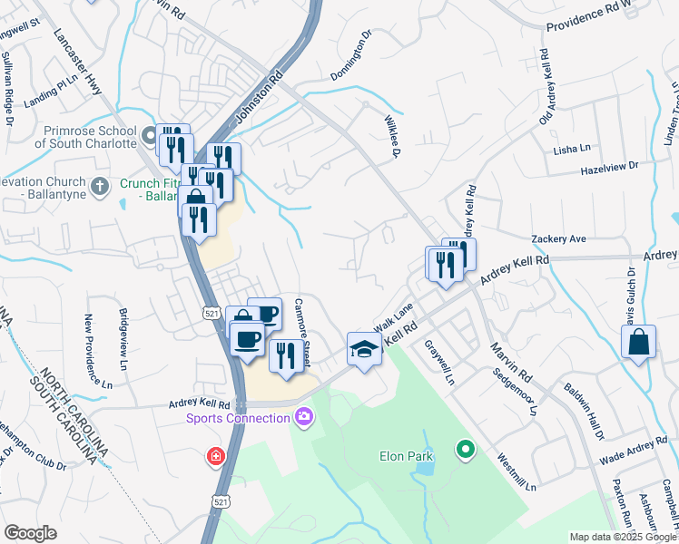 map of restaurants, bars, coffee shops, grocery stores, and more near 16452 Marvin Road in Charlotte