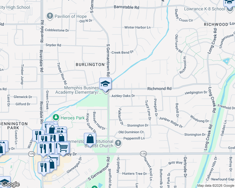 map of restaurants, bars, coffee shops, grocery stores, and more near 7264 Ashley Oaks Drive in Memphis