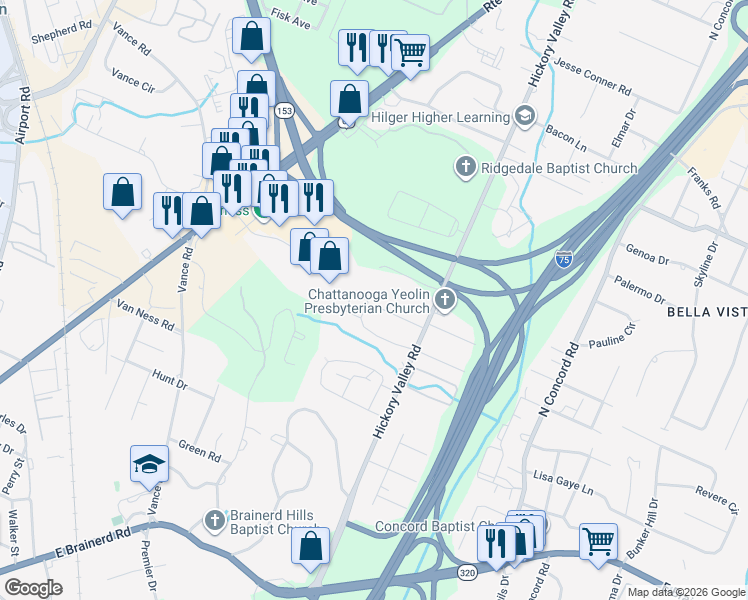 map of restaurants, bars, coffee shops, grocery stores, and more near 6702 Northside Drive in Chattanooga