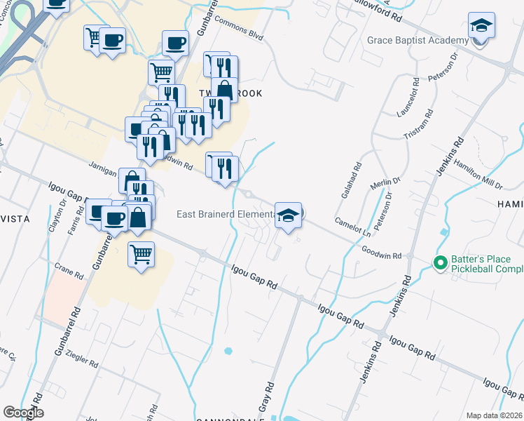 map of restaurants, bars, coffee shops, grocery stores, and more near 2019 Igou Crossing Drive in Chattanooga