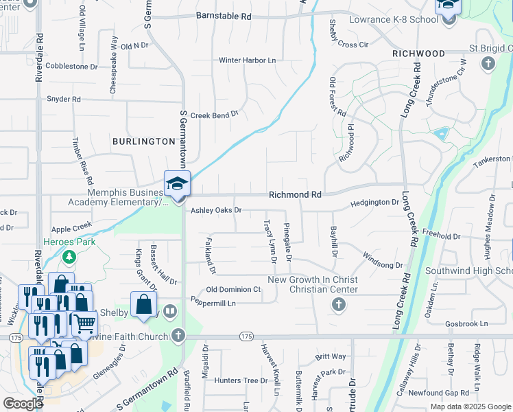 map of restaurants, bars, coffee shops, grocery stores, and more near 7364 Ashley Oaks Drive in Memphis