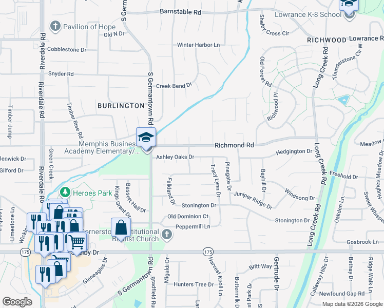 map of restaurants, bars, coffee shops, grocery stores, and more near 4461 Smithfield Cove in Memphis