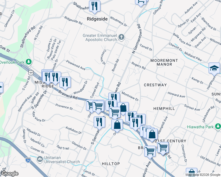map of restaurants, bars, coffee shops, grocery stores, and more near 109 North Germantown Road in Chattanooga