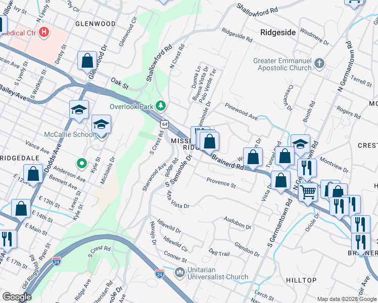 map of restaurants, bars, coffee shops, grocery stores, and more near 27 South Seminole Drive in Chattanooga