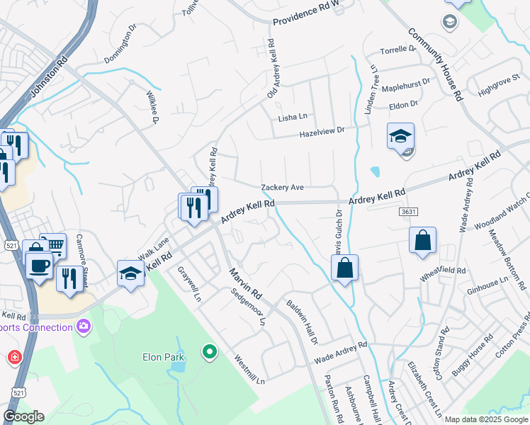 map of restaurants, bars, coffee shops, grocery stores, and more near 10917 Princeton Village Drive in Charlotte