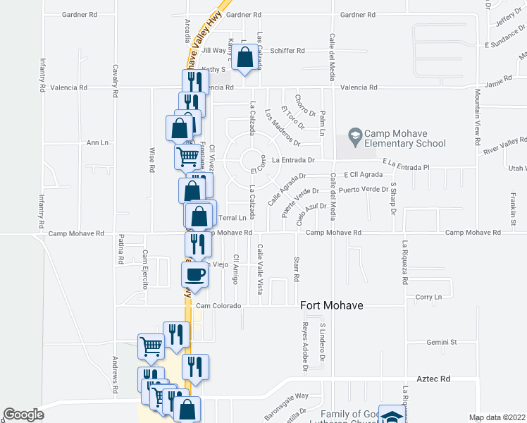 map of restaurants, bars, coffee shops, grocery stores, and more near 4477 Calle Agrada Drive in Fort Mohave