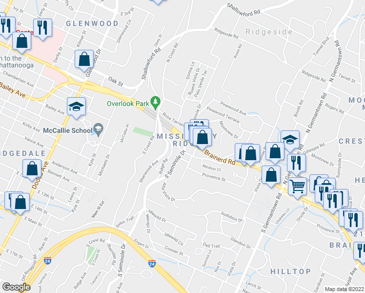 map of restaurants, bars, coffee shops, grocery stores, and more near 23 South Seminole Drive in Chattanooga