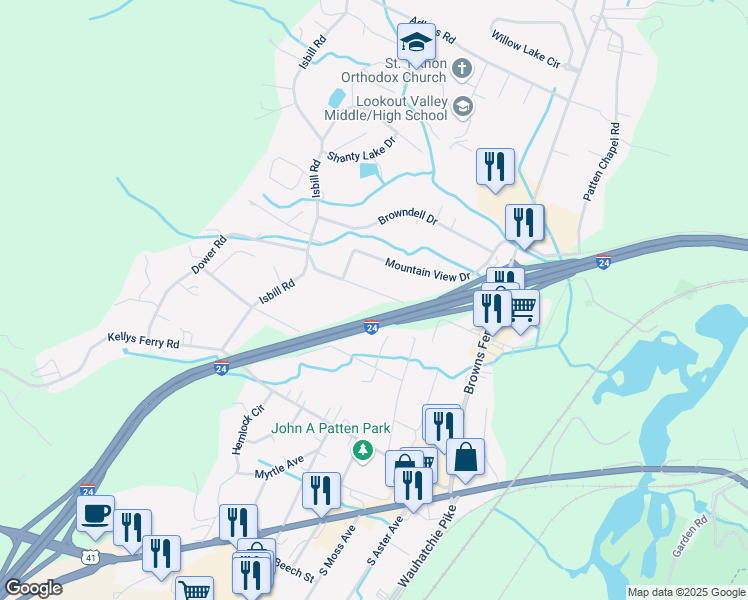 map of restaurants, bars, coffee shops, grocery stores, and more near 3332 Parker Lane in Chattanooga