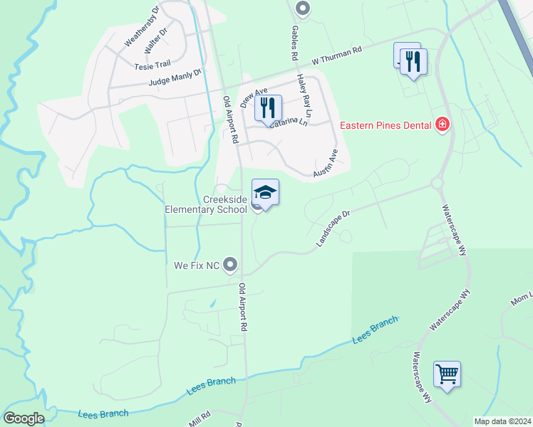 map of restaurants, bars, coffee shops, grocery stores, and more near 2790 Landscape Drive in New Bern