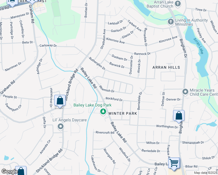 map of restaurants, bars, coffee shops, grocery stores, and more near 1427 Rougemart Drive in Fayetteville