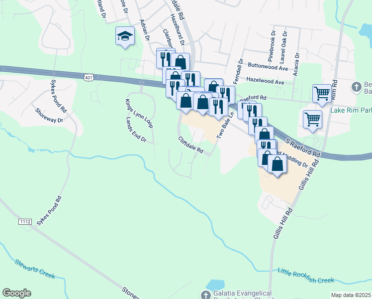 map of restaurants, bars, coffee shops, grocery stores, and more near 1705 Telluride Court in Fayetteville