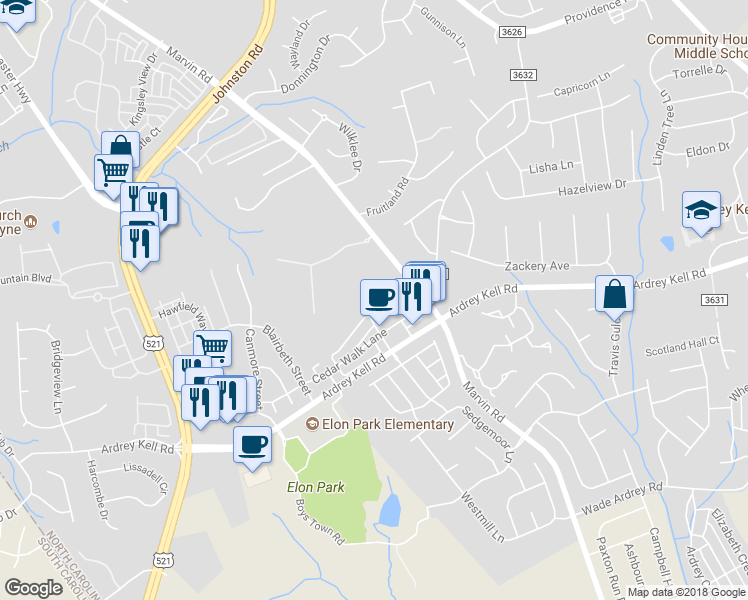 map of restaurants, bars, coffee shops, grocery stores, and more near 9638 Longstone Lane in Charlotte