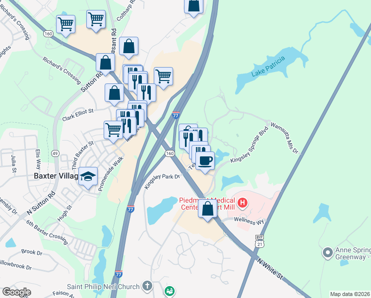 map of restaurants, bars, coffee shops, grocery stores, and more near 1365 Broadcloth Street in Fort Mill