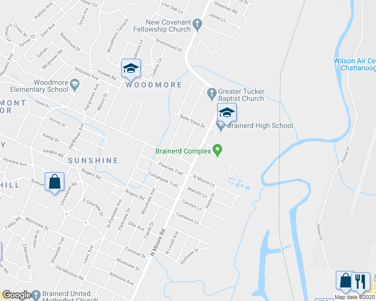 map of restaurants, bars, coffee shops, grocery stores, and more near 1010 North Moore Road in Chattanooga