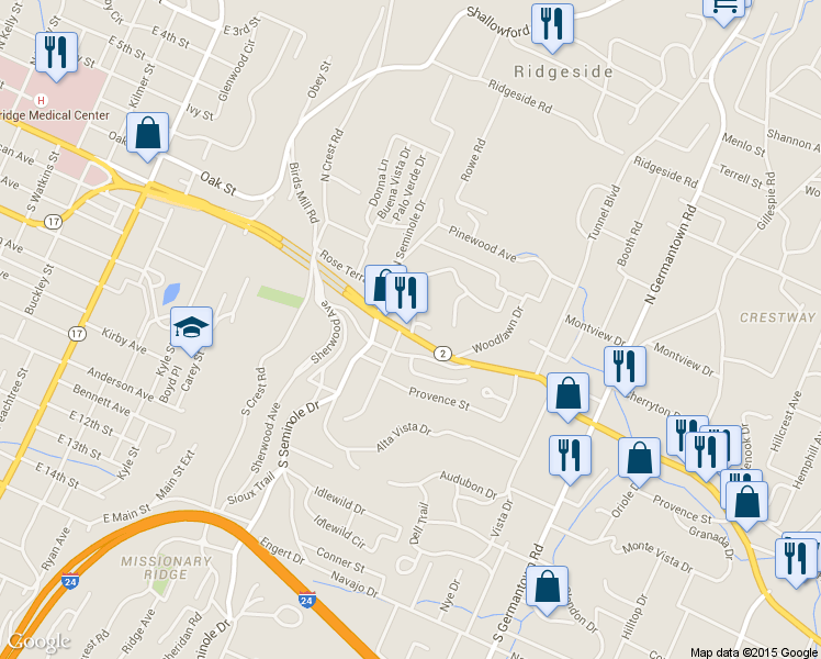 map of restaurants, bars, coffee shops, grocery stores, and more near 3212 Rosemont Drive in Chattanooga
