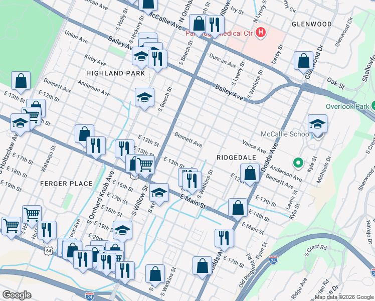 map of restaurants, bars, coffee shops, grocery stores, and more near 2212 East 12th Street in Chattanooga