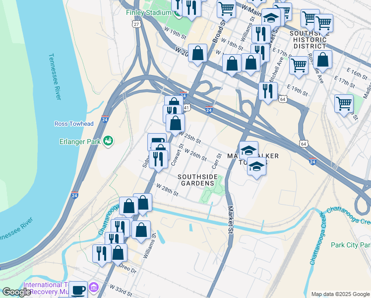 map of restaurants, bars, coffee shops, grocery stores, and more near 2611 Williams Street in Chattanooga