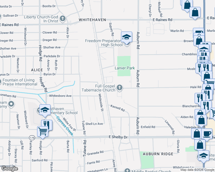 map of restaurants, bars, coffee shops, grocery stores, and more near 735 Hale Road in Memphis