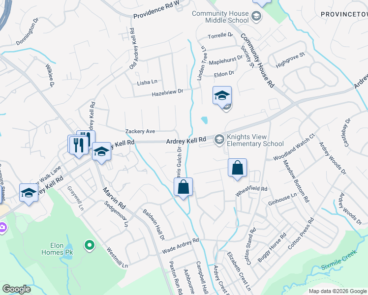map of restaurants, bars, coffee shops, grocery stores, and more near 11021 Travis Gulch Drive in Charlotte