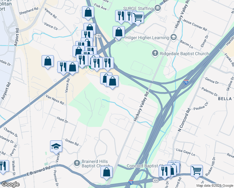 map of restaurants, bars, coffee shops, grocery stores, and more near 6589 Hickory Trace Circle in Chattanooga