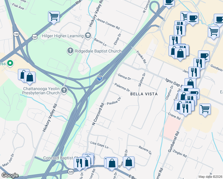 map of restaurants, bars, coffee shops, grocery stores, and more near 1710 North Concord Road in Chattanooga