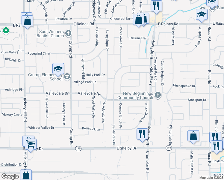 map of restaurants, bars, coffee shops, grocery stores, and more near 4468 Sunnyslope Drive in Memphis