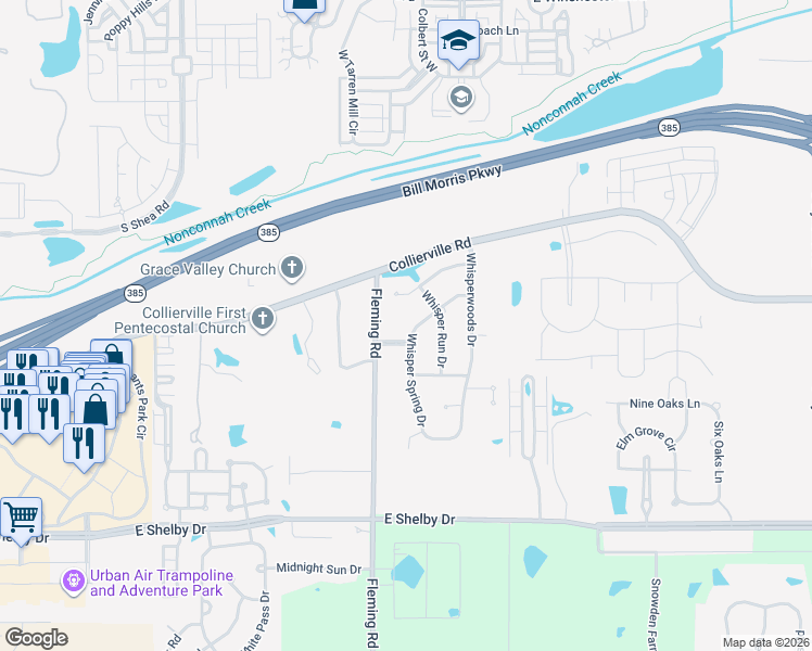 map of restaurants, bars, coffee shops, grocery stores, and more near 4480 Fleming Road in Collierville