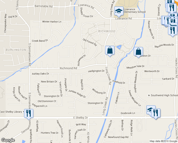 map of restaurants, bars, coffee shops, grocery stores, and more near 7553 Hedgington Drive in Memphis