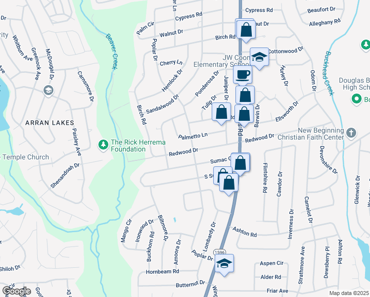 map of restaurants, bars, coffee shops, grocery stores, and more near 5209 Redwood Drive in Fayetteville